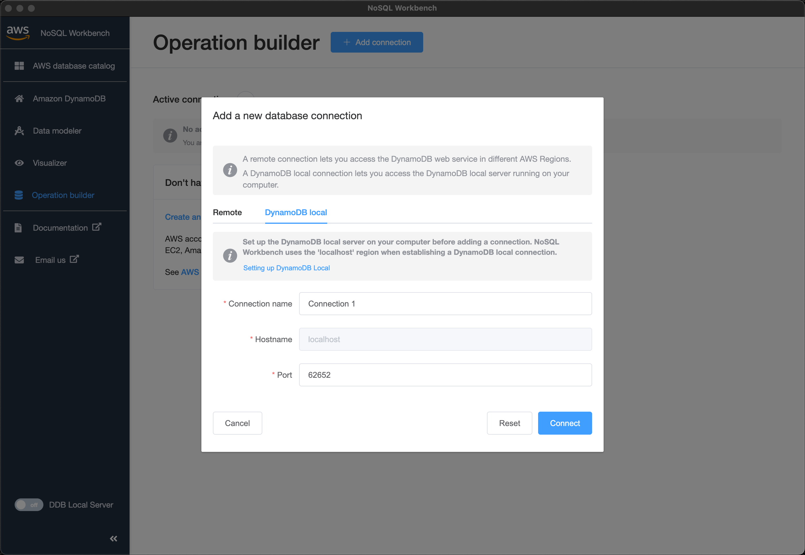 DynamoDB local connection in NoSQL Workbench