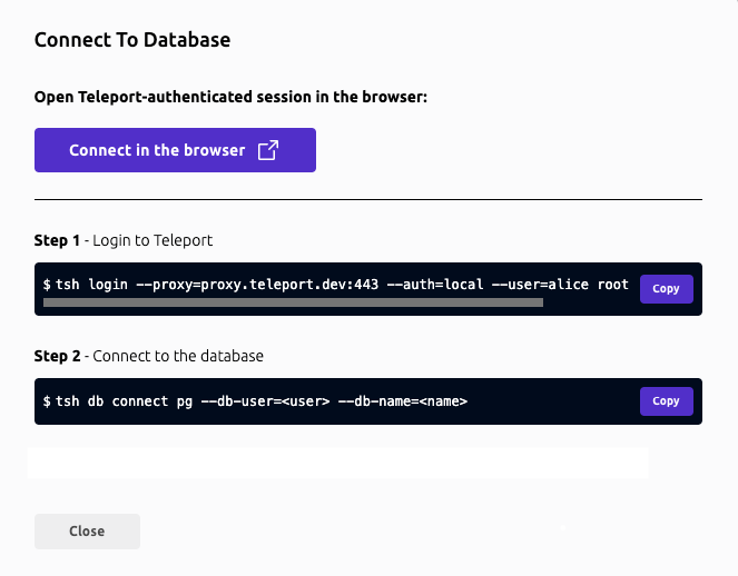 Resources list database connect dialog